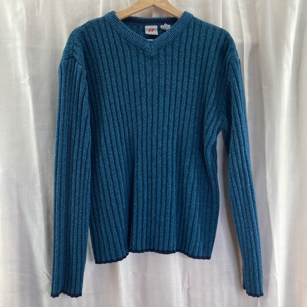 Mens Anchor Blue V-Neck Sweater‎ Ribbed Knit Blue Small Acrylic Y2K